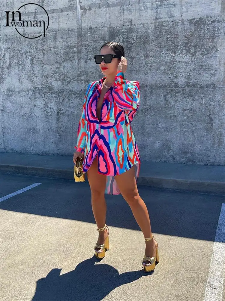 

Inwoman Blue Striated Long Sleeve Short Dress Beach Party Outfits For Women 2023 Autumn Green Loose Mini Dress Fashion Dress