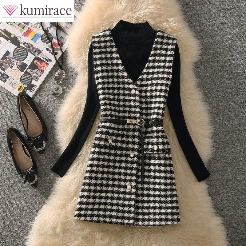 

Checkered Vest Set for Women's Spring 2024 Korean Edition Knitted Sweater Hepburn Style Vest Vest Vest Two Piece Set For Woman