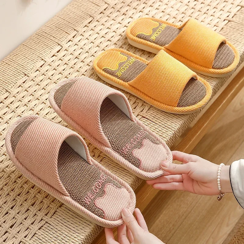

0606 Linen Slippers Indoor House Breathable Women Men Slides Linen Couples Non-slip Shoes Soft Sandals Shoes Comfortable Flats