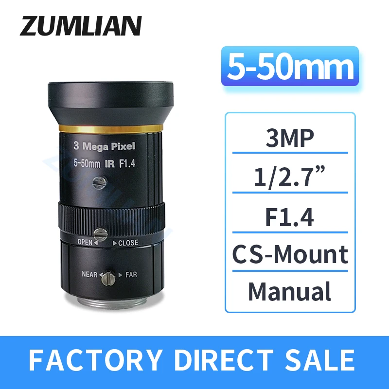 

ZUMLIAN Zoom 3MP CS Mount 5-50mm Varifocal CCTV Aperture Machine Vision 1/2.7" F1.4 Manual Focus Camera Lens Video Surveillance