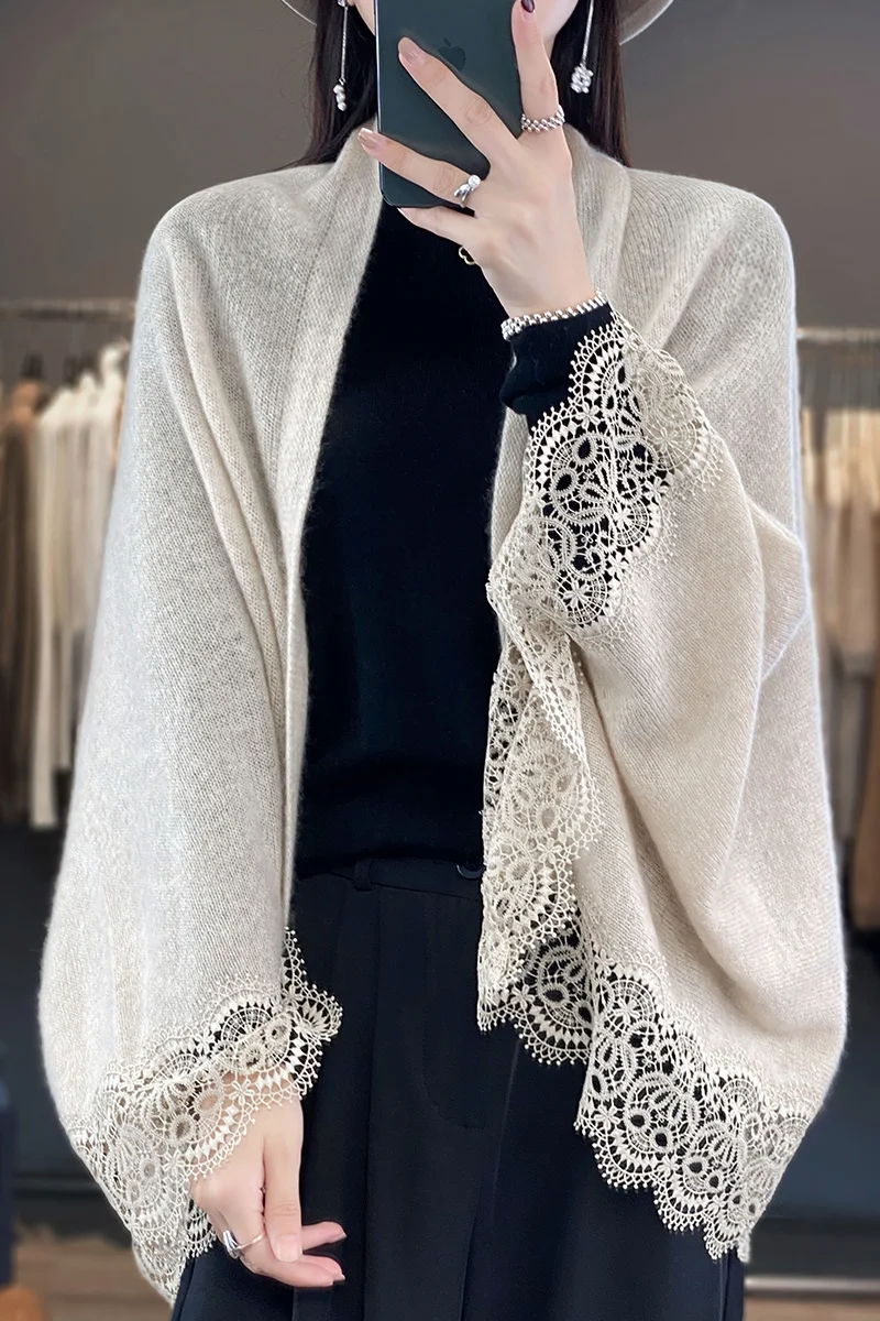 Knitted Tops Popular Lace Edge Wool Knitted Shawl Spring Autumn Thin Women Soft Skin-friendly Breathable Fashionable Cardigan