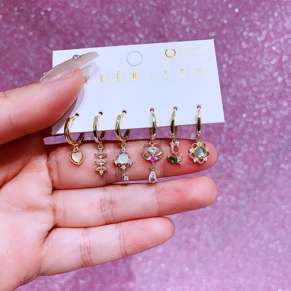 MIGGA 6pcs/set Lovely Fairy Princess Dangle Earrings Gold Color Zircon Stone Women Girls Party Jewelry 6
