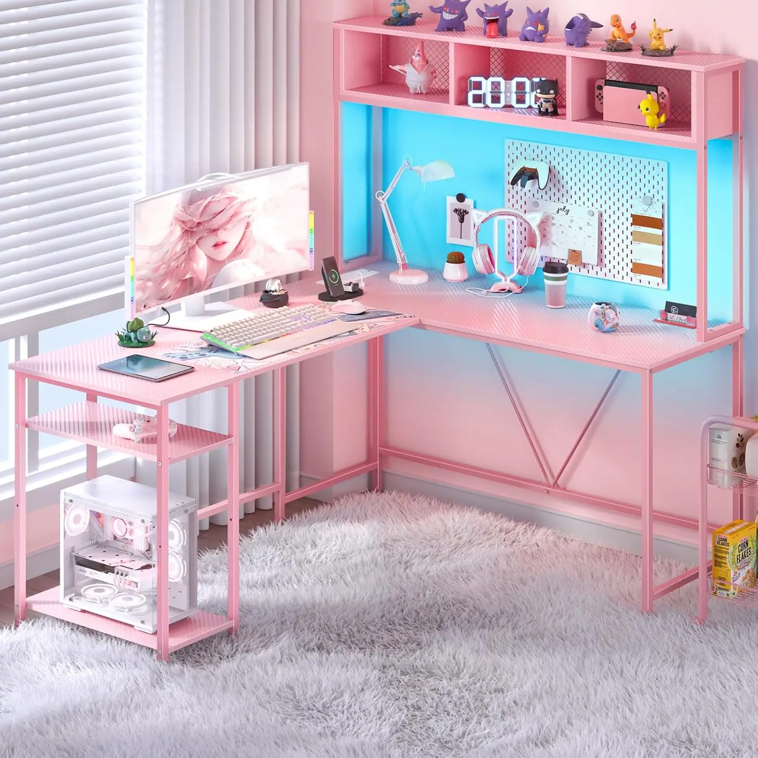 L Shaped Desk Gaming Desk with LED Strip & Power Outlet, Reversible L-Shaped Computer Desk, Corner Desk with Storage Shelf 5