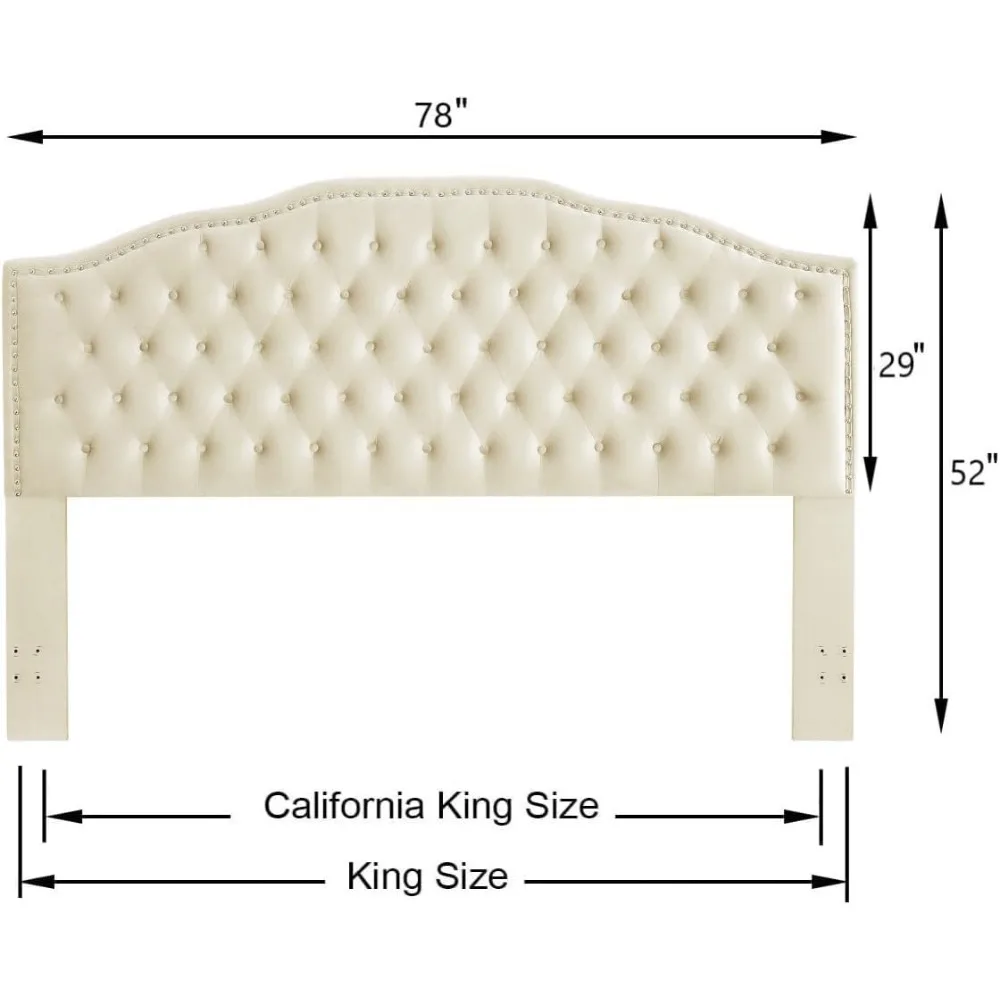 Upholstered Button Tufted King Headboard with Nailhead Trim, Soft Velvet Fabric Headboard King/California King 6031-K-Cream