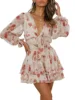 Women Spring Casual Mini Dress Floral Print Deep V-Neck Tie-Up Long Sleeve Sweet Dress Fashion Ruffles Dress 1