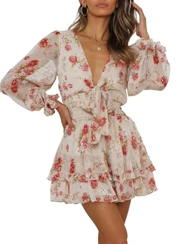 Women Spring Casual Mini Dress Floral Print Deep V-Neck Tie-Up Long Sleeve Sweet Dress Fashion Ruffles Dress 1