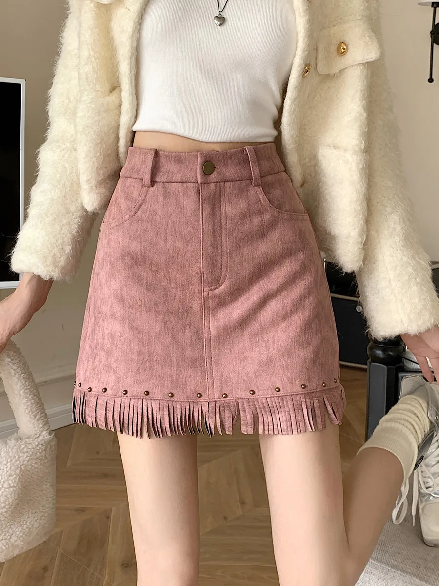 

Pink Suede Skirt For Women Spring And Autumn Slightly Tassel Design High Waist A-line Short Skirts
