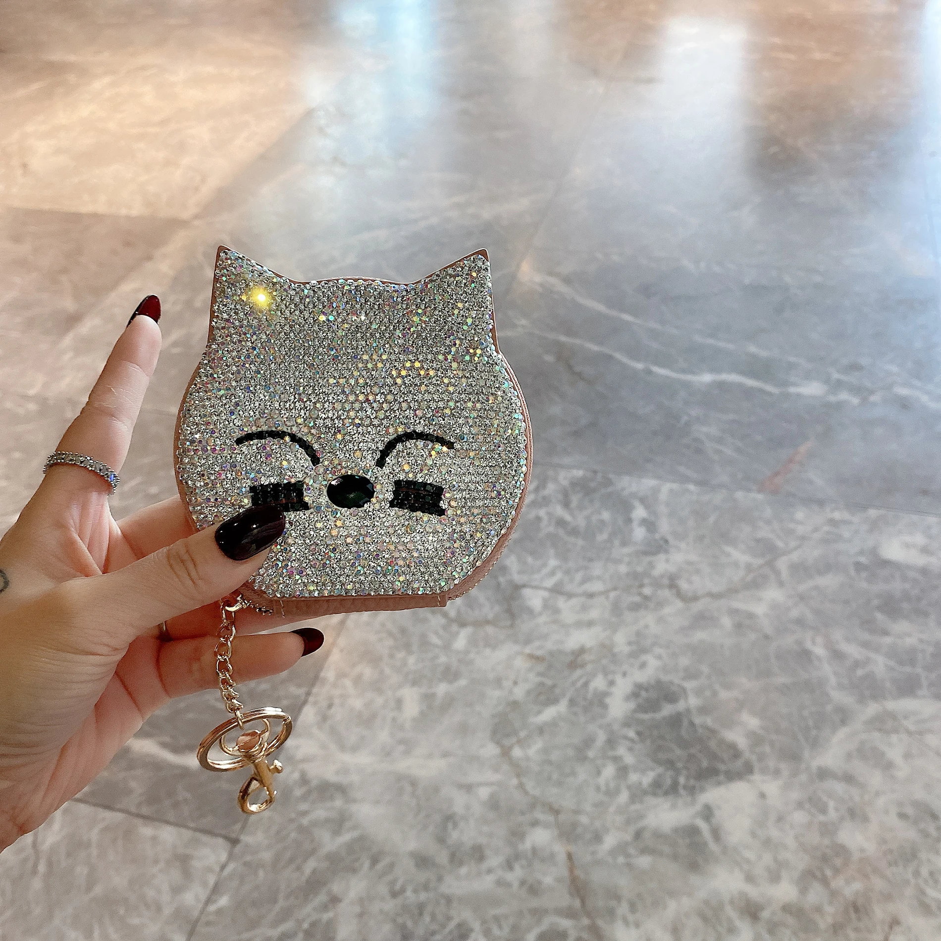 Sparkling Cat Coin Purse with Keychain Inlay Rhinestones Cowhide Leather  Wallet Cute Cards Stoarge Bag Lipstick Bags Mini Wallet - AliExpress