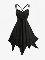 ROSEGAL Plus Size Women Dresses Black Casual Textured Crossover Strappy Handkerchief Cami Dress Asymmetrical Vestidos