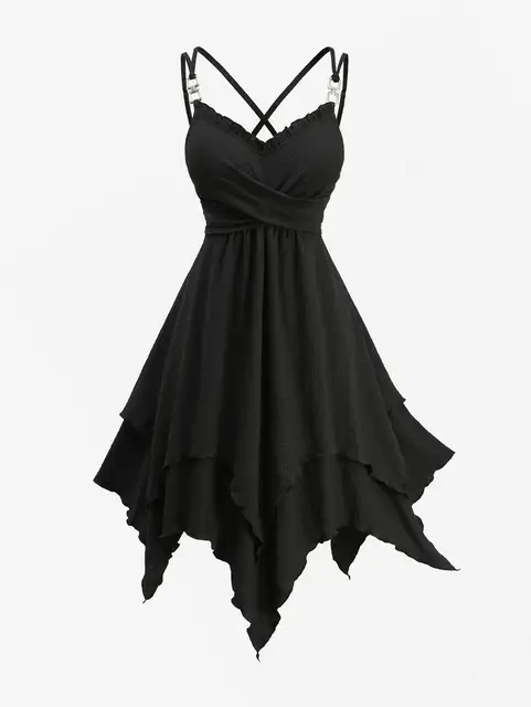 ROSEGAL Plus Size Women Dresses Black Casual Textured Crossover Strappy Handkerchief Cami Dress Asymmetrical Vestidos