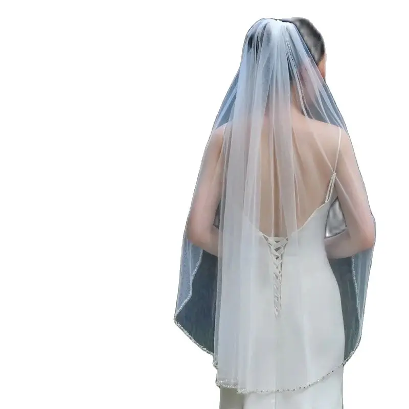 

Glittery Bridal Veils Wedding Crystal Beaded Wedding Veil with Crystal Edge Angel Shaped Veil Edged with Bugle
