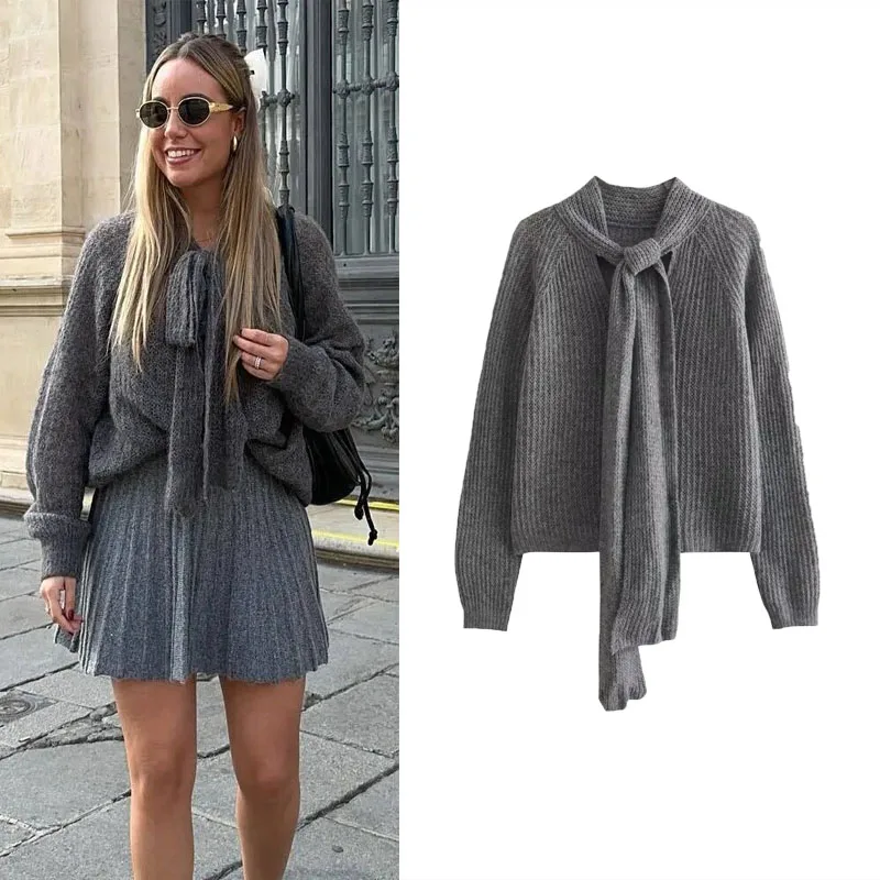 

TRAF Gray Tied Bow Neck Sweater Women 2023 Fashion Long Sleeve Loose Knit Tops Female Vintage Solid Openwork Fashion Pullover