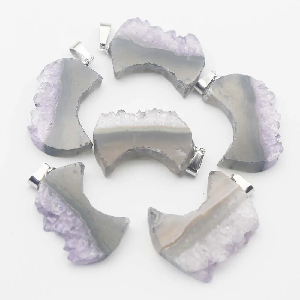 

Natural Stone Irregular Amethyst Raw Ore Moon Crescent Necklace Pendants Reiki Charms Fashion Jewelry Accessories Wholesale 6Pcs