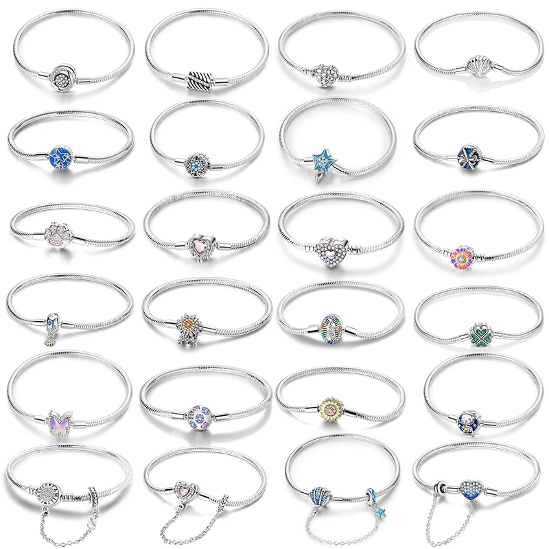 Women Bracelet 925 Sterling Silver Star Moon Blue Zircon Pink Heart Butterfly Cat Paw Bracelets DIY Charms Safety Chain Jewelry 1