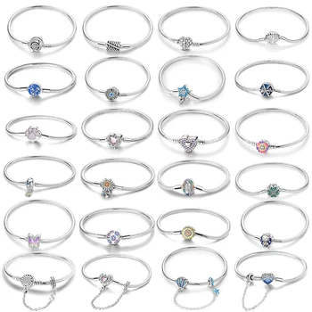 Women Bracelet 925 Sterling Silver Star Moon Blue Zircon Pink Heart Butterfly Cat Paw Bracelets DIY Charms Safety Chain Jewelry 1