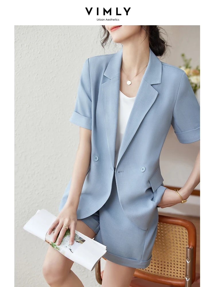 Vimly Elegant High Waist Wide Leg Shorts Suit for Women Summer 2023 Thin Loose Casual Short Sleeve Blazers Jacket Two Piece Set