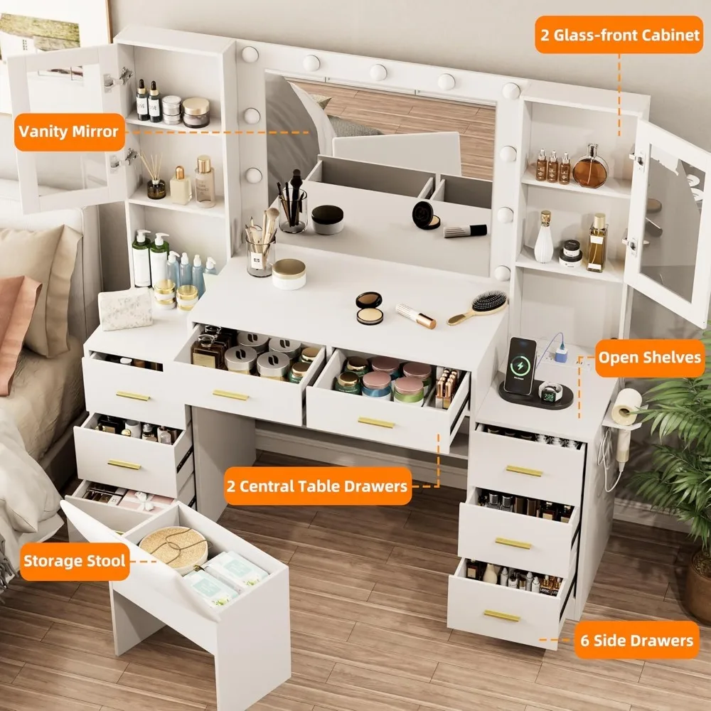 Large Vanity Desk with Mirror & Lights, White Makeup Vanity with Power Outlet and 8 Drawers, 2 Cabinets, Vanity Table with Light 3