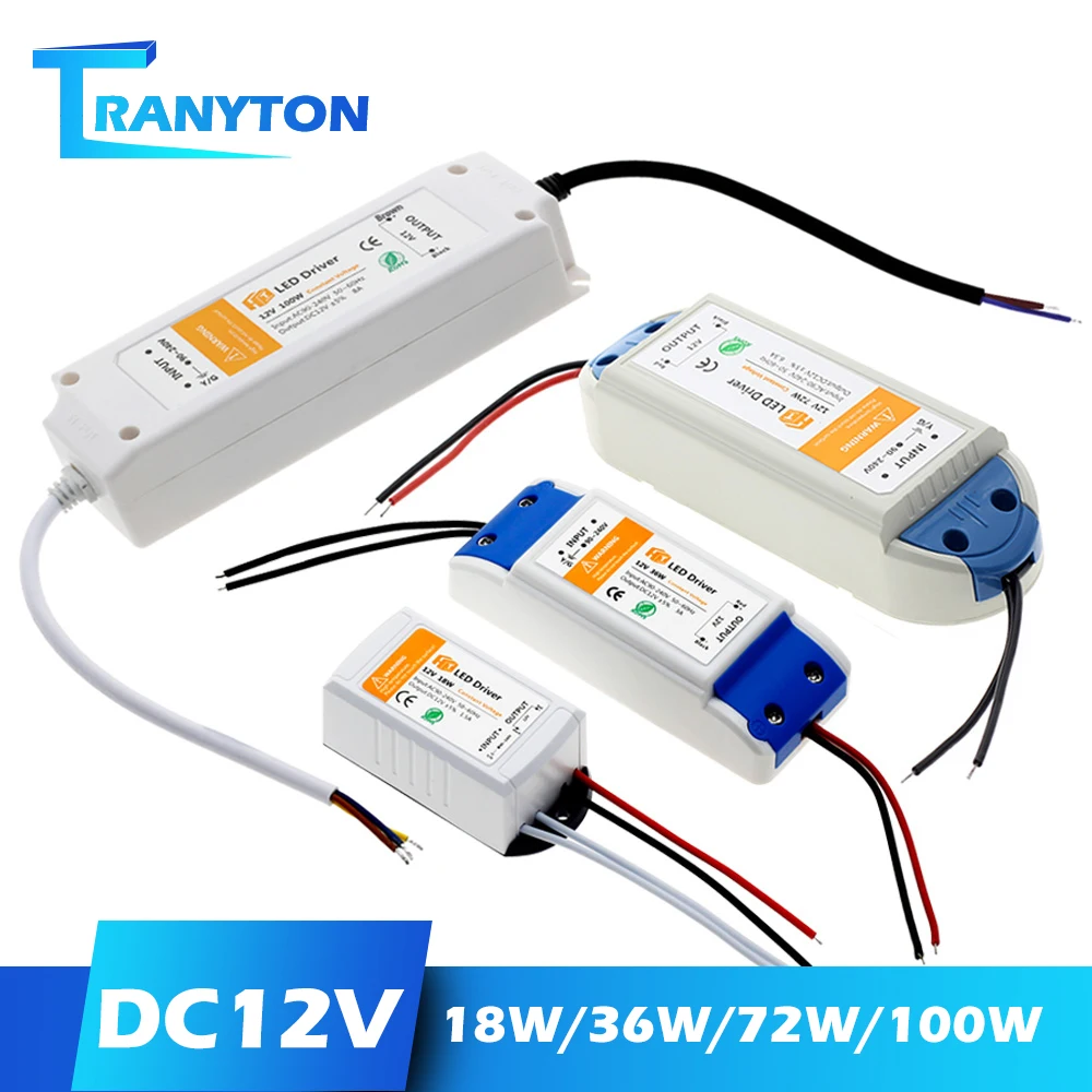 TransDevices-Adaptateur d'Alimentation pour Éclairage LED, Pilote, Bande 12V, DC 12V, 18W, 36W, 72W, 100W