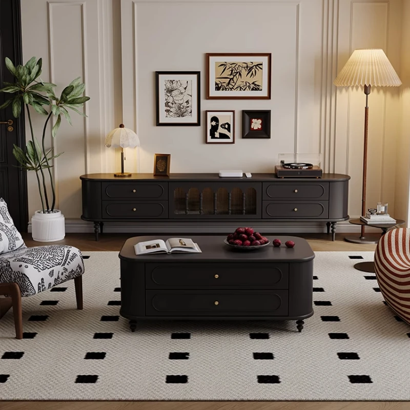 French Retro Solid Wood TV Stand With Coffee Table Smoke Black Finish For Small Spaces Wall Mounted Living Room Furniture Set