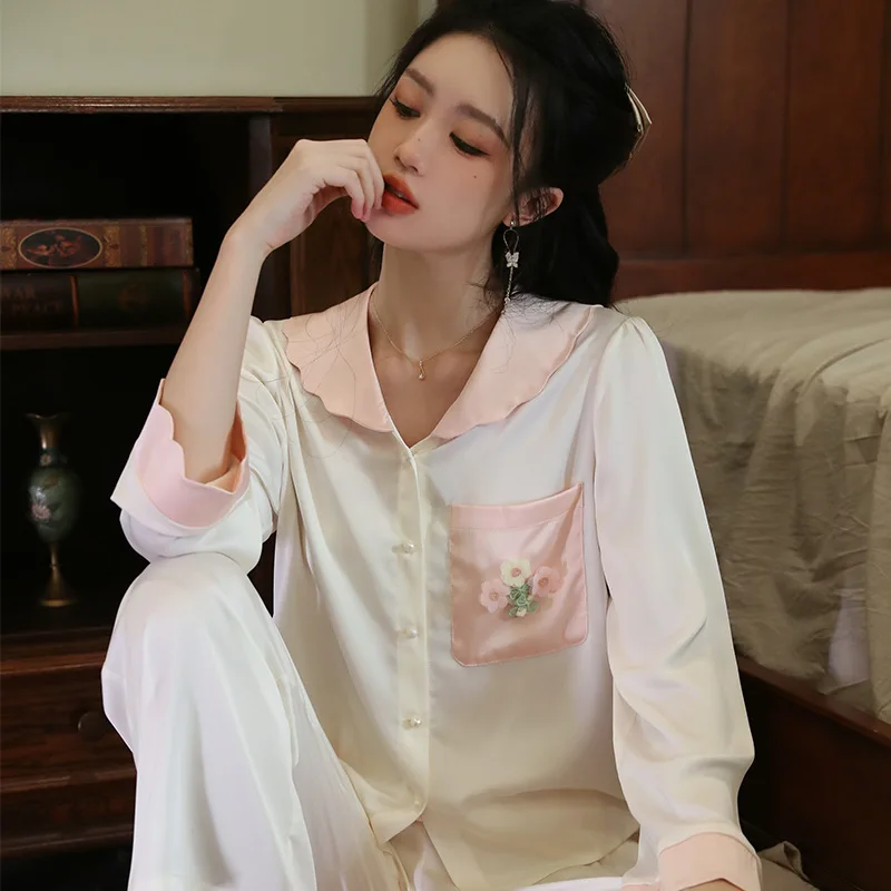 SXTHAENOO Comfortable Pajama Casual Shirts French Princess Ice Silk Pijamas Set For Women Simple Pocket Flower 2Pices Sleepwear