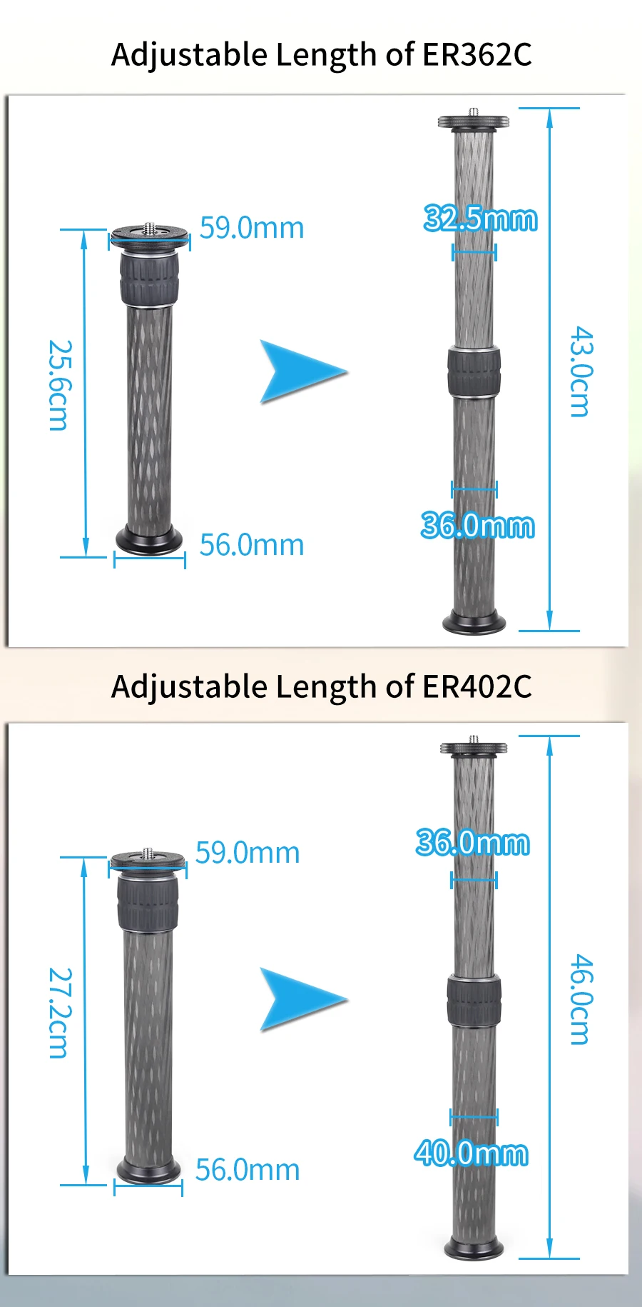 ER362C/ER402C Mid-Column Extension Pole Universal 10 Layers Carbon Fiber Tripod