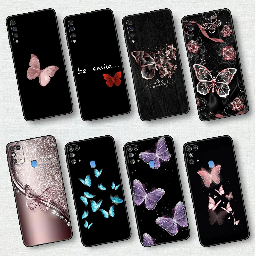 Bellezza Rosa Caso Della Farfalla Per Samsung Galaxy A50 A70 A30 A10 A40 A20S A10S A10E M51 M31 M30S M13 5G Nero Molle Della Copertura Del Telefono