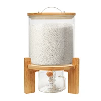 5L Glass Rice Dispenser with Airtight Lid Measuring Cup Wooden Stand Flour Cereal Creative Container for Kitchen Organization 2