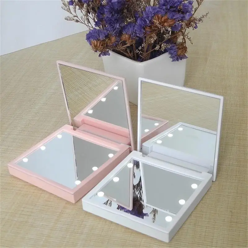 조명이 달린 6 Led 메이크업 거울, 작은 주머니, 휴대용 여행 핑크, 블랙 화이트 접이식 화장품, 화장대 거울, 1x 2x 확대