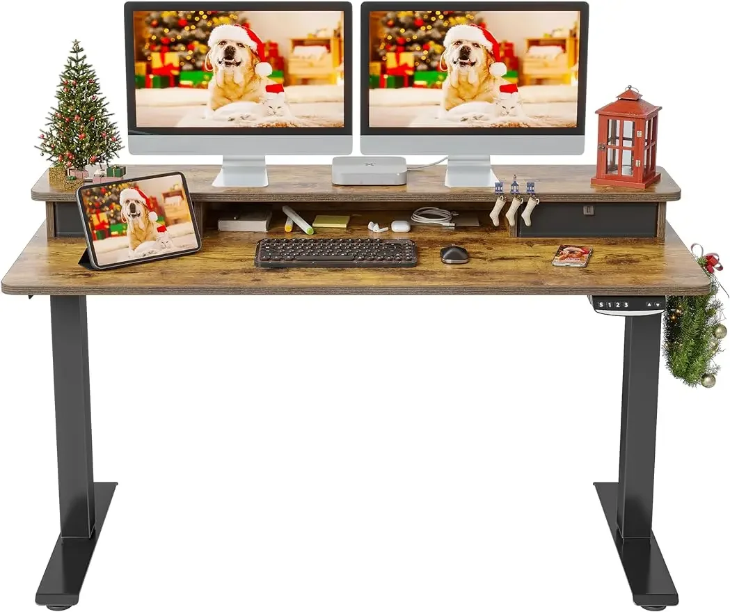

55"x24" Height Adjustable Electric Standing Desk with Double Drawer, 55 x 24 Inch Stand Up Table with Storage Shelf