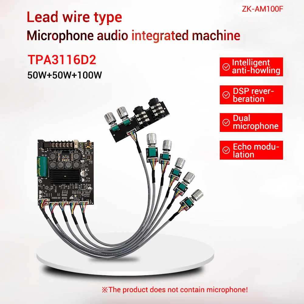 

2*50W+100W Bluetooth 5.1 Power Amplifier Board Lead Type KTV Microphone Audio All-in-one Machine TPA3116D2 Chip for Speakers