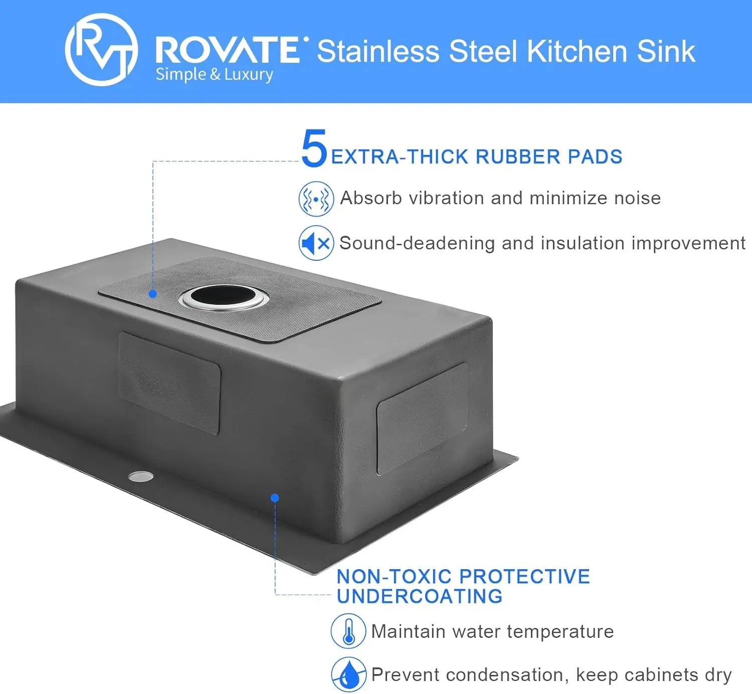 ROVATE Kitchen Sink 28&times;20 Inch Drop In 18 Gauge Handmade SUS 304 Top mount Stainless Steel 9 Inch Deep Single Bowl Black
