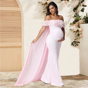 Maternity Floral off Shoulder Dress Mesh Cloak Maxi Party Gown for Baby Shower Photoshoot