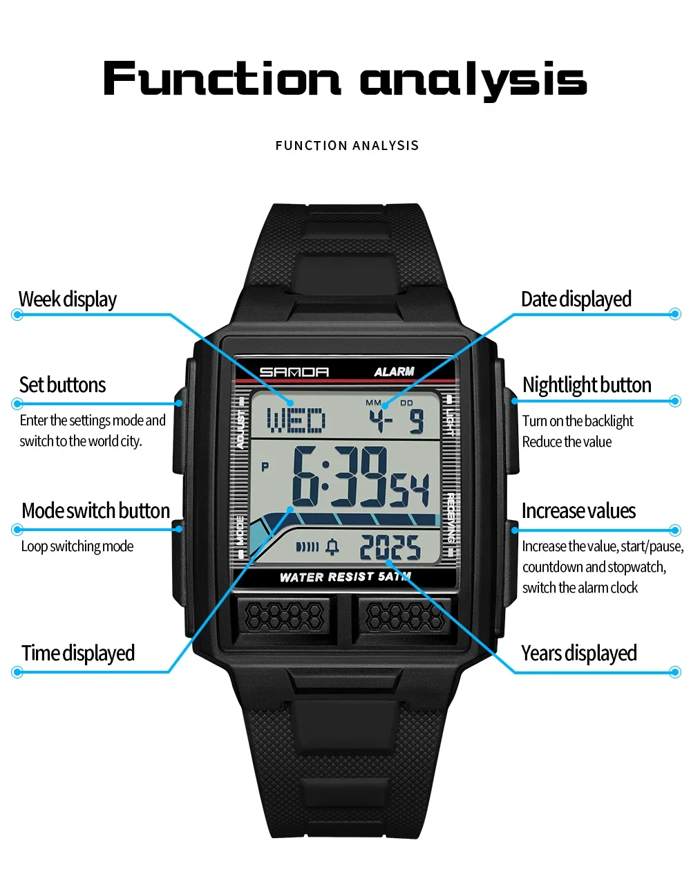 SANDA 2212 Men Electronic Sports Watch Gradually Records Popularity Military Countdown Waterproof Multifunctional Digital Watch view 4