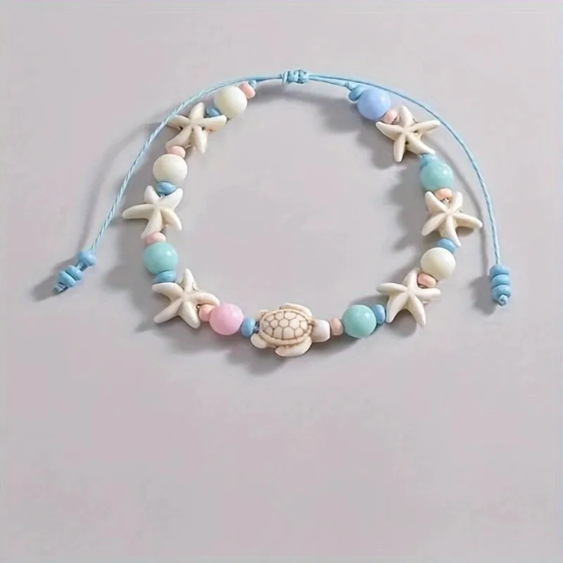 Beach Style Blue Starfish And Turtle Anklet for Women Cute Fashion Beige Beads Summer Vocation Jewelry Gifts