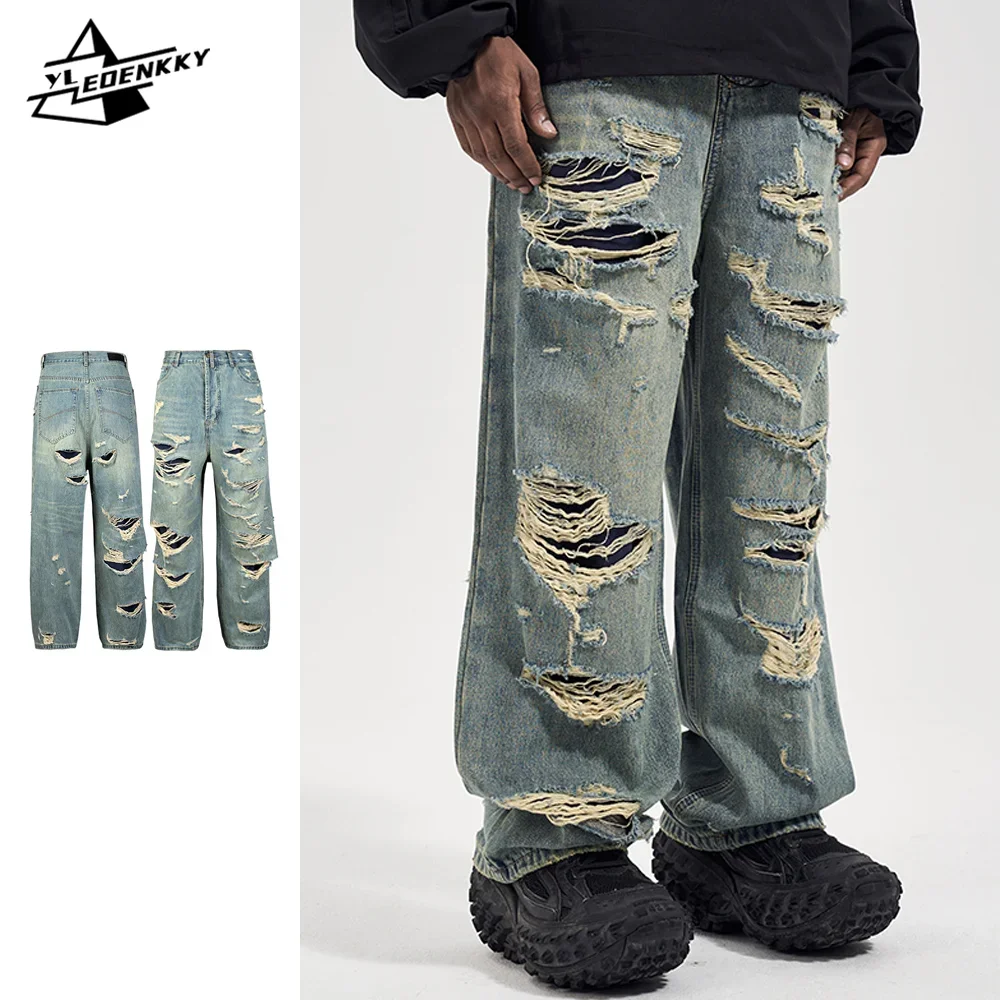 

Harajuku Oversize Jeans Men Women Broken Hole Broad-legged Denim Pants Washed Distressed Straight Casual Trousers Hip Hop Unisex