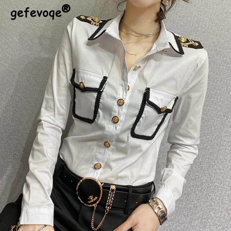 office lady stylish turn down collar shirt 2023 summer spliced casual pockets single breasted chic diamonds sweet bandage blouse Autumn Female New Chic Black White Single Breasted Blouse Office Lady Double Pockets Patchwork Button Long Sleeve Shirt Trend