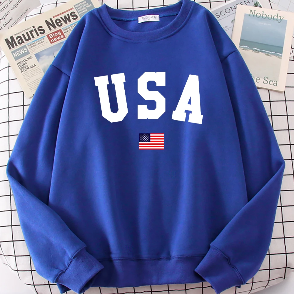Usa American Flag Patriotic Print Printing Women Sweatshirt Casual Soft Fashion Hoodie Autumn Vintage Fleece Sweatshirt Women