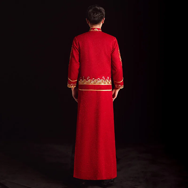 Qipao – robe de mariée chinoise pour hommes, col Mandarin, Dragon brodé, costume Tang, vêtements pour toasts