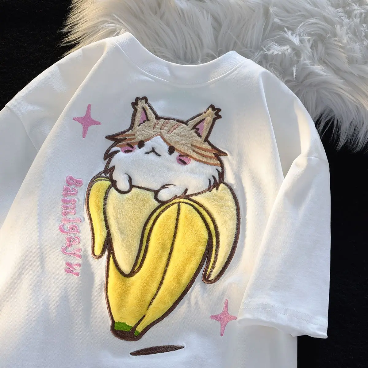 

Japanese cute kitten flocked short-sleeved cotton t-shirt for women 2024 summer fashion Y2K new loose couple kawaii top clothes