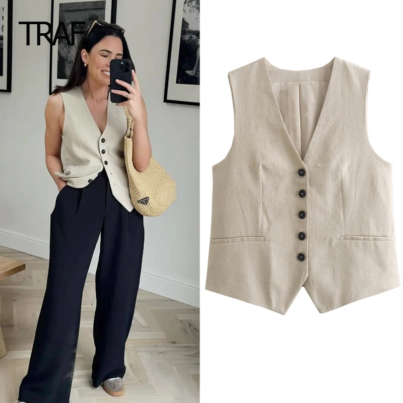 

TRAFV-Neck Sleeveless Working Vest Women's Tailored Vest Spring Summer 2024 Crop Waistcoat New In Outerwears Lady Fashion Vests