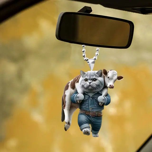 2D Flat Cat Car Mirror Charm - Acrylic Hanging Ornament For Rearview Mirror | Grey Cat Design - View #7