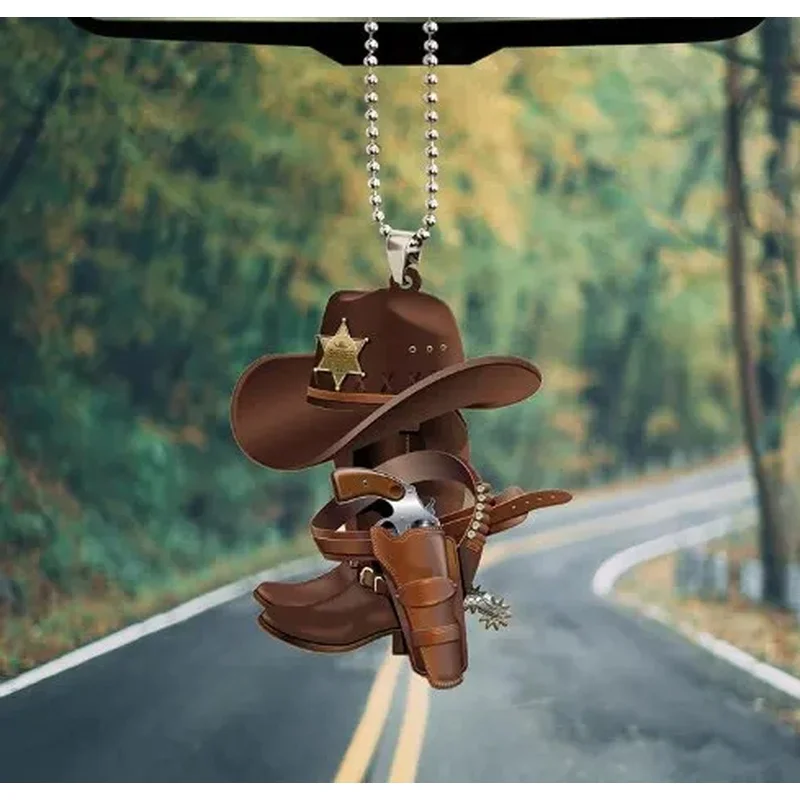 1pc Acrylic Cowboy Boots Hat 2D Flat Hanging Car Interior Accessories Horse Lover Hat Boots Wild West Car Keychain Decoration