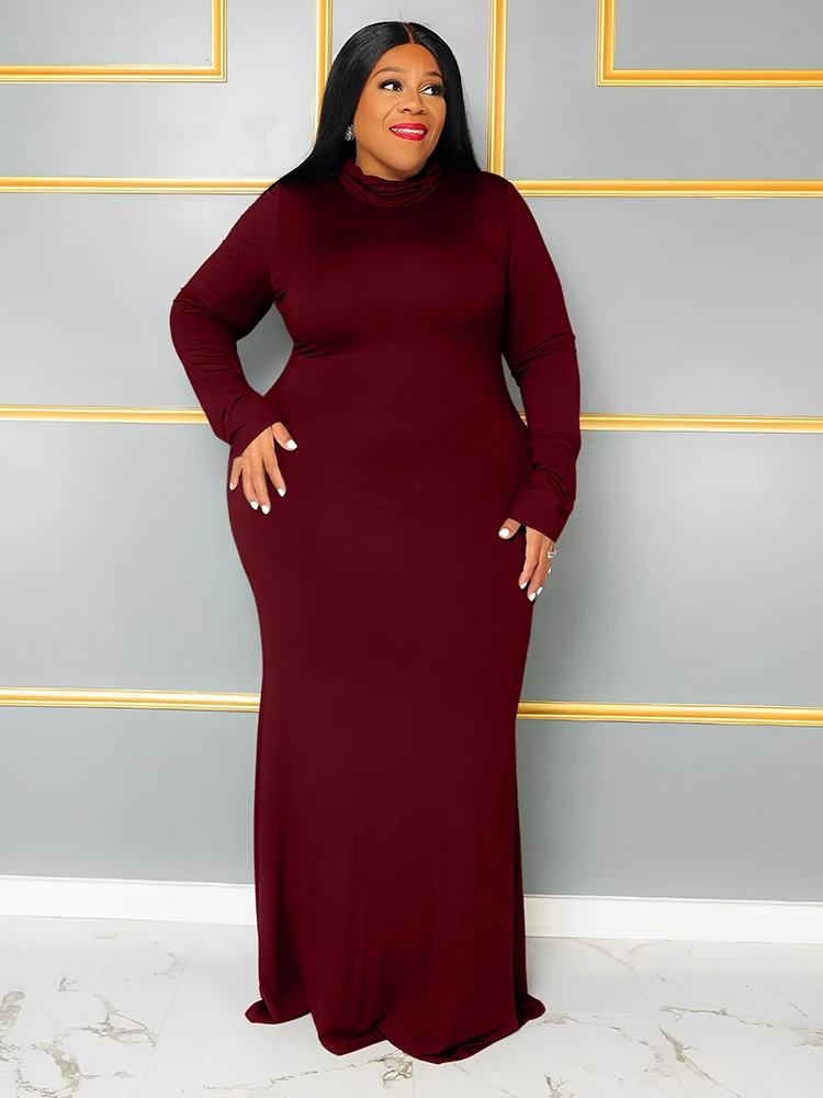 Maxi Dresses for Women Curvy Plus Size Clothes Elegant Casual Long Plain Dress Winter Turtleneck Dress Wholesale Dropshipping
