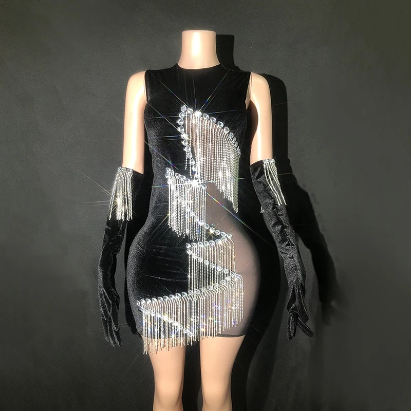 

Velvet Mesh Patchwork Tassel Dress Women Birthday Celebrate Costume Party Prom Evening Dresses Stage Performance Wear XS7402