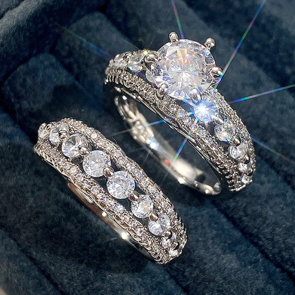 Huitan-Juego de 2 anillos de piezas para mujer, anillos de boda para novia  con circonita cúbica brillante, diseño moderno, Nueva joyería - AliExpress, image size:1000x1000