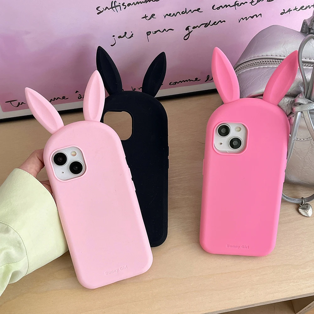 Cute 3D Cartoon Bunny Ear Phone Case - Funny Shockproof Soft Silicone Cover