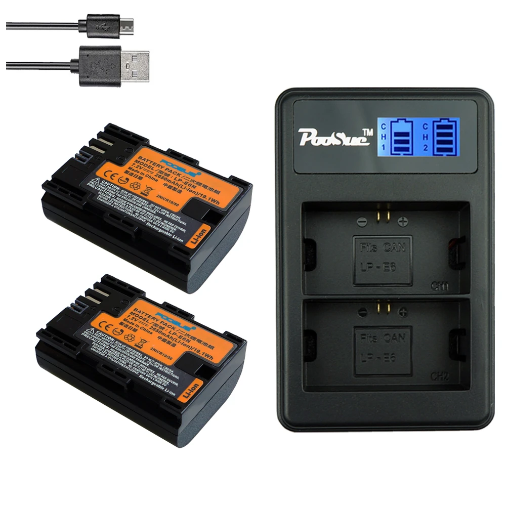 2 Pz 2650Mah Lp E6 Batteria Lp-E6 Lp-E6N Per Canon Eos 5D 6D 60D 60Da 7D 70D 80D R Mark Ii Iii Lcd Doppio Caricatore