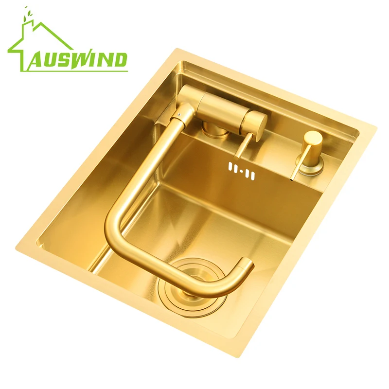 Hidden Brushed Gold Kitchen Sink Single Bowl Bar Small Size Stainless Steel Balcony Sink 35x45 30x45 kitchen faucets gun grey brushed gold soild brass hot