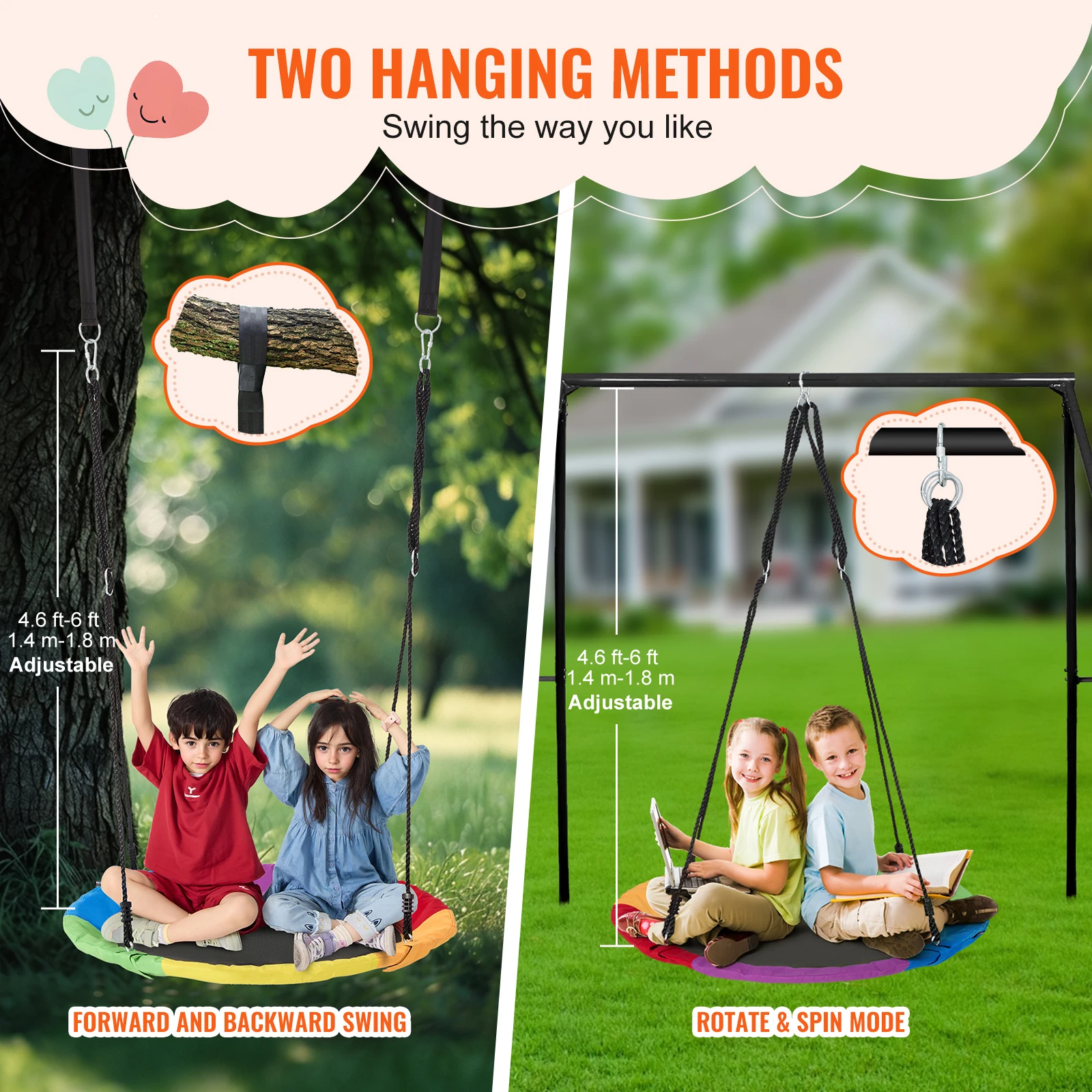 SucceBuy Tree Swing Saucer Swing 750lbs Swing Seat 2 Tree Hanging Straps Adjustable Multi-Strand Ropes Round Swing Kids Outdoor 6