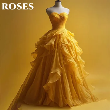 ROSES Yellow Elegant Beautiful Prom Dress Tulle Sweetheart Formal Gown with Pleats Tiered A-Line Evening Dress 프롬 드레스 Customized 1